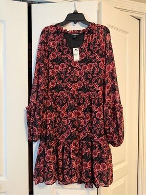 Express Black Dress with Pink Floral Print - Long Sleeve Tiered